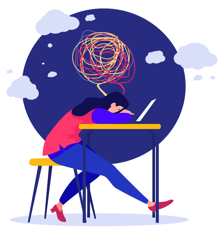 Ilustración conceptual del síndrome de burnout postvacacional, con persona reflexiva y melancólica tras finalizar sus vacaciones.