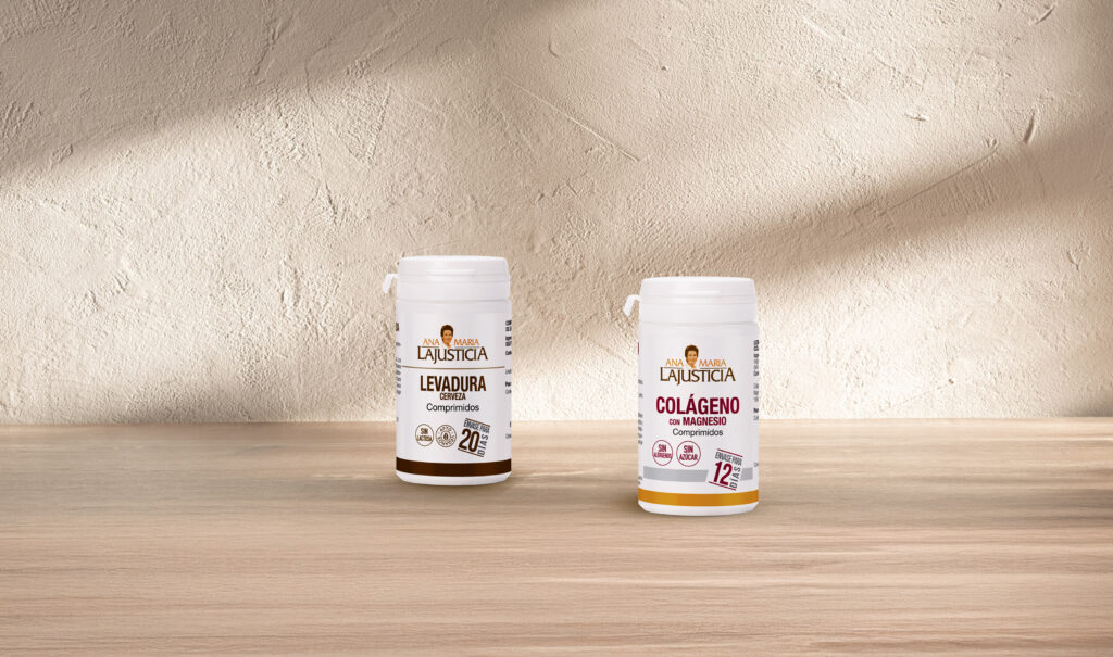 Complementos de colágeno y levadura de cerveza que aportan nutrientes clave para fortalecer el cabello durante la caída estacional del cabello.